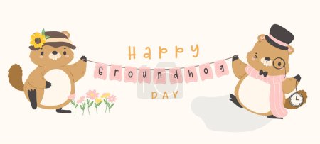 Illustration for Happy groundhog day with cheerful cartoon groundhogs holding garland banner. - Royalty Free Image