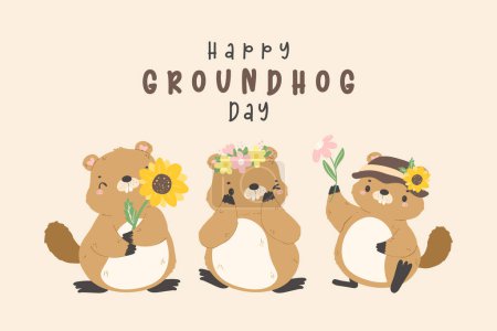 Illustration for Happy groundhog day with group of cheerful cartoon groundhogs celebrating early spring banner. - Royalty Free Image