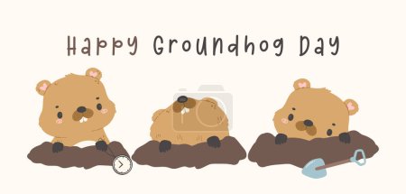 Illustration for Happy groundhog day with group of cheerful cartoon groundhogs in burrow predicting weather banner. - Royalty Free Image