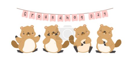 Illustration for Happy groundhog day with group of cheerful cartoon groundhogs banner. - Royalty Free Image
