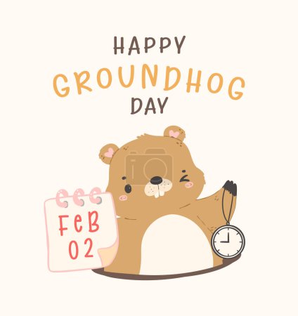 Illustration for Happy groundhog day with cheerful cartoon groundhog holding calendar Feb 2 and clock - Royalty Free Image