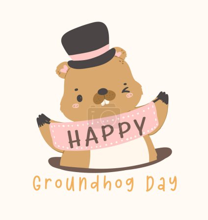 Illustration for Happy groundhog day with cheerful cartoon groundhog hodling banner. - Royalty Free Image