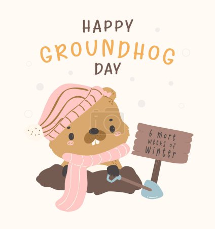 Illustration for Happy groundhog day with cheerful cartoon groundhog holding shovel and sign 6 more week of winter. - Royalty Free Image