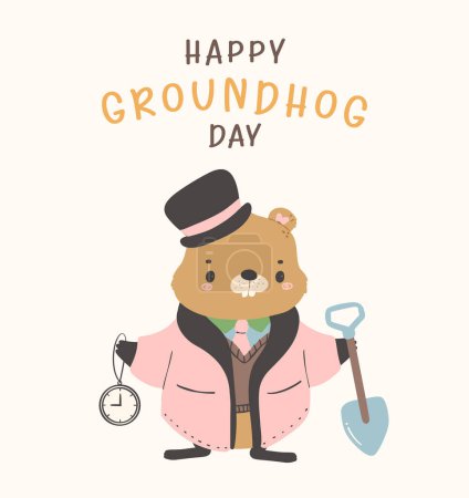 Illustration for Happy groundhog day with cheerful cartoon groundhog holding shovel and clock. - Royalty Free Image
