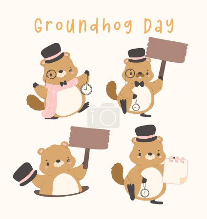Illustration for Happy groundhog day with cheerful cartoon groundhog  animal collection. - Royalty Free Image