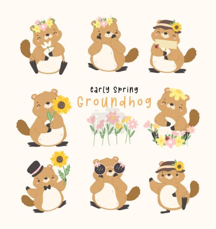 Illustration for Cute groundhog springtime animal set cartoon hand drawing, happy groundhog day welcome early spring collection. - Royalty Free Image