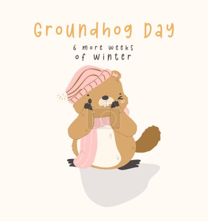 Illustration for Happy groundhog day with cheerful cartoon groundhog see its shadow, 6 more weeks of winter. - Royalty Free Image