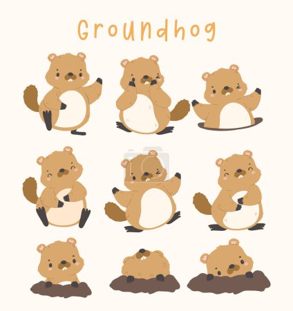 Illustration for Cute groundhog animal set cartoon hand drawing, happy groundhog day collection. - Royalty Free Image