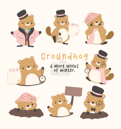 Illustration for Cute groundhog in winter clothes set cartoon hand drawing, happy groundhog day 6 more weeks of winter collection. - Royalty Free Image