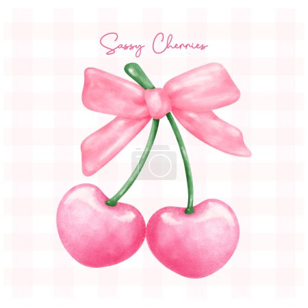 Illustration for Hot Pink coquette cherries with pink ribbon bow, aesthetic watercolor hand drawing - Royalty Free Image