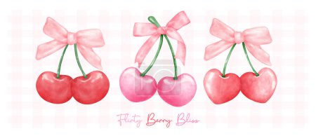 Illustration for Group of Red and hot pink coquette cherries with ribbon bow, aesthetic watercolor hand drawing banner. - Royalty Free Image