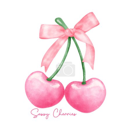 Ilustración de Cerezas de coqueta rosa caliente con lazo de cinta rosa, dibujo estético de la mano de la acuarela - Imagen libre de derechos