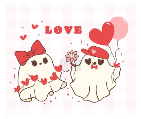 Téléchargez les illustrations : Mignon couple fantôme rétro Saint-Valentin - gribouille d'amour effrayant dans le style kawaii - en licence libre de droit