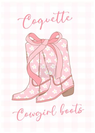 Cute Pink Coquette Cowgirl Boots with Ribbon Bow Hand Drawn Doodle