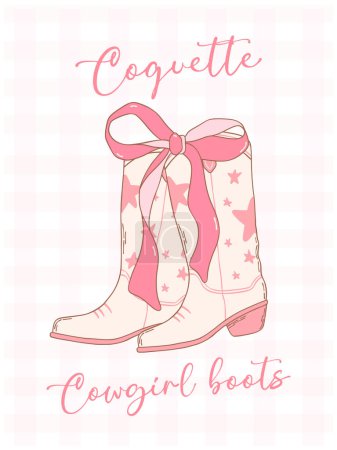 Cute Pink Coquette Cowgirl Boots groovy with Ribbon Bow Hand Drawn Doodle