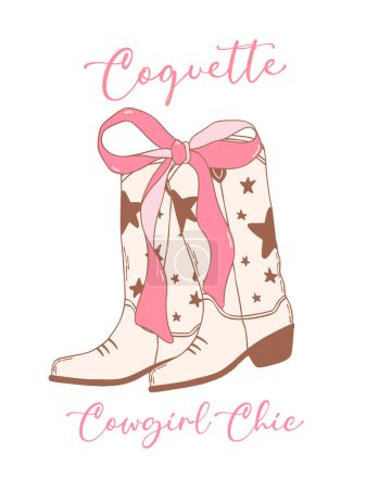 Coquette Cowgirl Botas groovy con lazo de cinta rosa dibujado a mano Doodle
