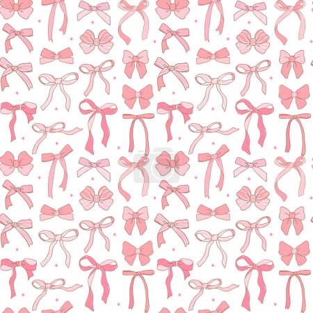 Ilustración de Lindo patrón estético coqueta sin costura cinta rosa arco doodle contorno aislado sobre fondo blanco - Imagen libre de derechos