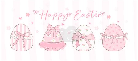 Illustration for Cute Pink Coquette Easter eggs Cartoon banner, sweet Retro Happy Easter spring animal Hand Drawing. - Royalty Free Image