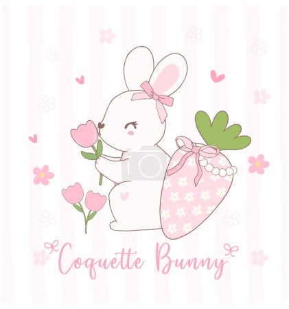 Illustration for Cute Coquette bunnies with bow and easter egg Cartoon, sweet Retro Happy Easter spring animal. - Royalty Free Image