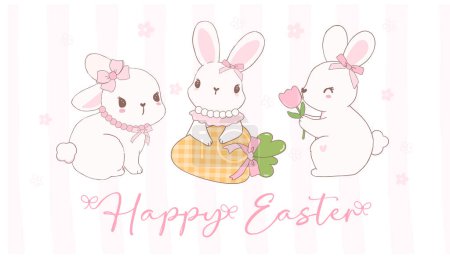Cute Coquette Easter bunnies wear bow Cartoon banner, sweet Retro Happy Easter spring animal.