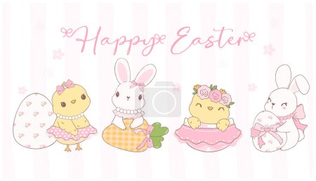 Ilustración de Cute Pink Coquette Conejitos de Pascua y polluelos con huevos de Pascua Banner de dibujos animados, dulce Retro Feliz Pascua primavera animal Dibujo a mano. - Imagen libre de derechos