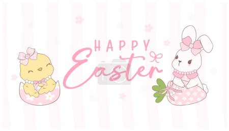 Cute Pink Coquette Easter bunny and Chick with Easter eggs Cartoon banner, sweet Retro Happy Easter spring animal.