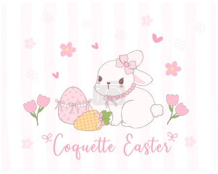 Coqueta linda conejito de Pascua con arco y zanahoria Dibujos animados, dulce Retro Feliz Pascua animal de primavera.