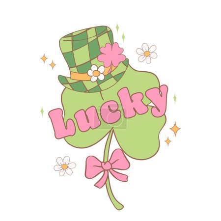 Groovy st patrick's day lucky clover leaf with hat cartoon doodle drawing.