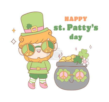 Groovy st patrick's day, cute retro leprechaun with pot of coin cartoon doodle drawing.