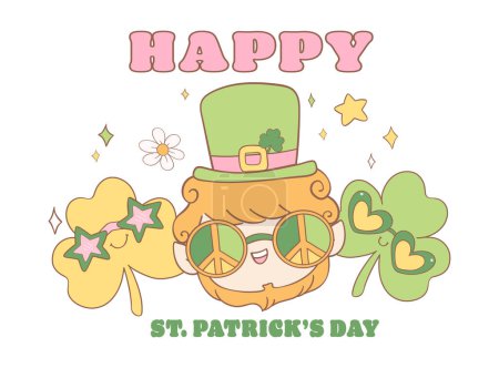 Groovy st patrick's day, happy leprechaun face and clover leaves shamrock cartoon doodle drawing.