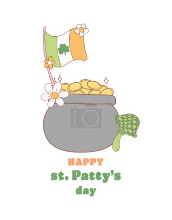 Groovy st patrick's day, pot of coin with clover leaf flag cartoon doodle drawing.