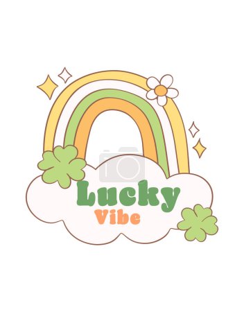 Groovy st patrick's day, st patty rainbow with clover leaves cartoon doodle drawing.