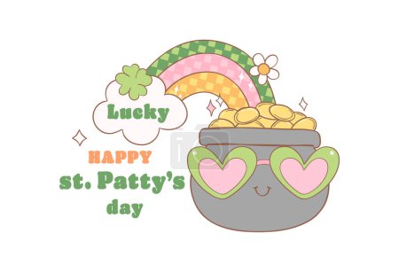 Groovy st patrick's day, st patty rainbow with clover leaves cartoon doodle drawing.