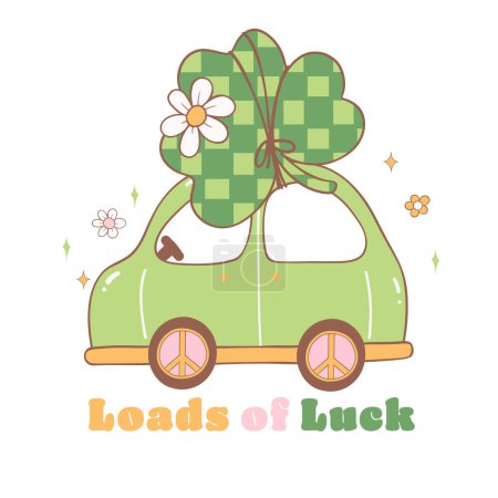 Loads of luck, Groovy st patrick's day car with clover leaves cartoon doodle drawing.