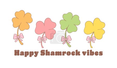 Groovy st patrick's day banner with colorful shamrock clover leaf cartoon doodle drawing.