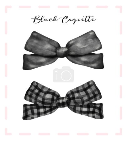 Illustration for Black coquette ribbon bow set, aesthetic watercolor hand drawing - Royalty Free Image