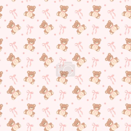 Ilustración de Coqueta oso de peluche con patrón de lazo de cinta rosa. Aislado sin costuras sobre fondo rosa claro - Imagen libre de derechos
