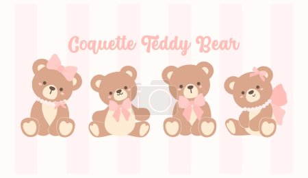 Group of 4 Cute Coquette Teddy Bear Friends. Whimsical Cartoon for Kids and Design.