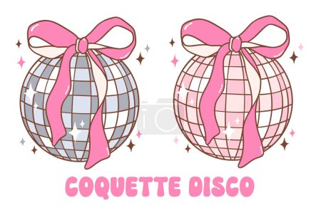 Coquette Disco ball with pink ribbon bow illustration, trendy groovy vibes disco era.