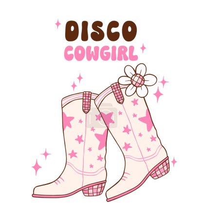 Disco Cowgirl Stiefel Illustration, trendige Retro groovy Vibes Disco-Ära.