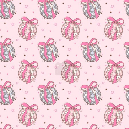 Coquette Pink Disco Ball Doodle Seamless Pattern Groovy Retro Vibes