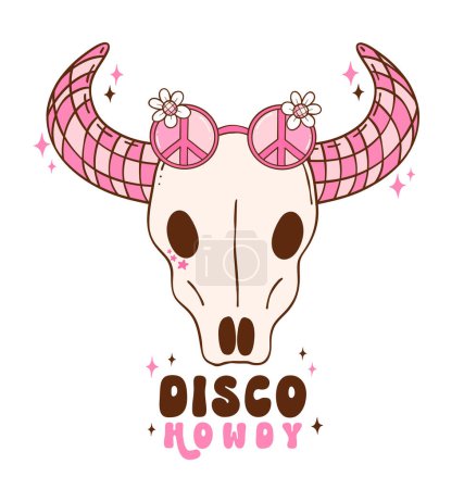 Disco Cowgirl bull skull doodle hand drawing illustration, trendy retro groovy vibes disco era.