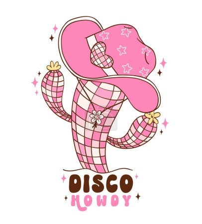 Disco Cowgirl cautus with hat doodle hand drawing illustration, trendy retro groovy vibes disco era.