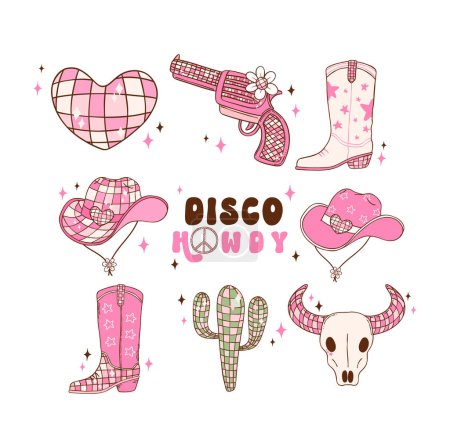 Disco Cowgirl element set doodle hand drawing illustration, trendy retro groovy vibes disco era.