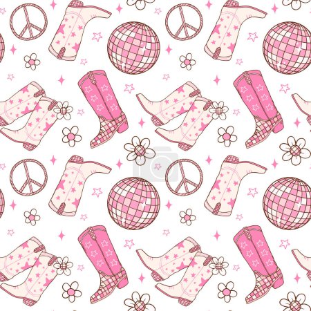 Disco Cowgirl boots Seamless Pattern Groovy Repeating Background Vibes isolated on background.
