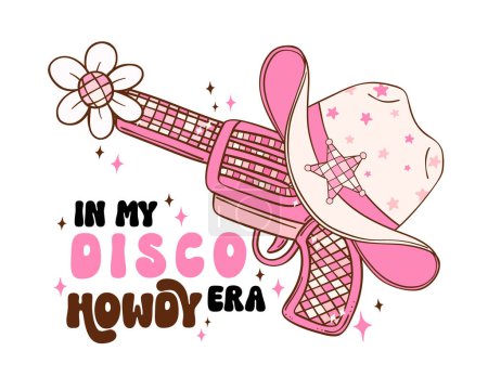 Disco Cowgirl hat and gun doodle hand drawing illustration, trendy retro groovy vibes disco era.