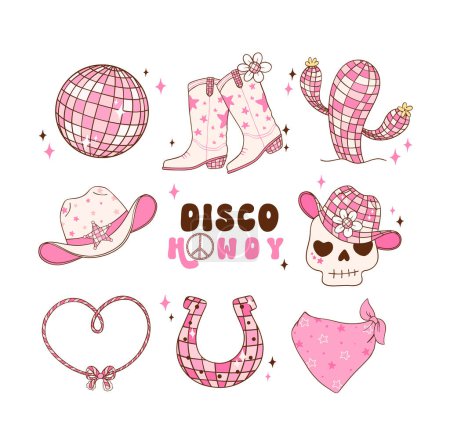 Disco Cowgirl element set doodle hand drawing illustration, trendy retro groovy vibes disco era.