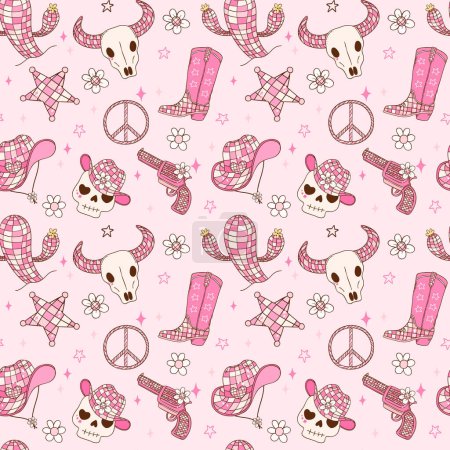Disco Cowgirl Seamless Pattern Groovy Repeating Background Vibes isolated on background.