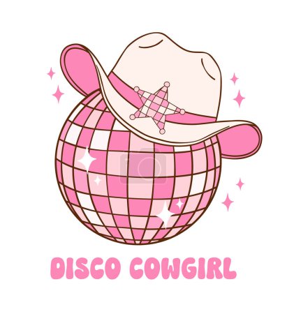 Pink Disco ball Cowgirl hat illustration, trendy groovy vibes disco era.