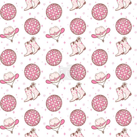 Disco Cowgirl Seamless Pattern Groovy Repeating Background Vibes isoliert auf Hintergrund.